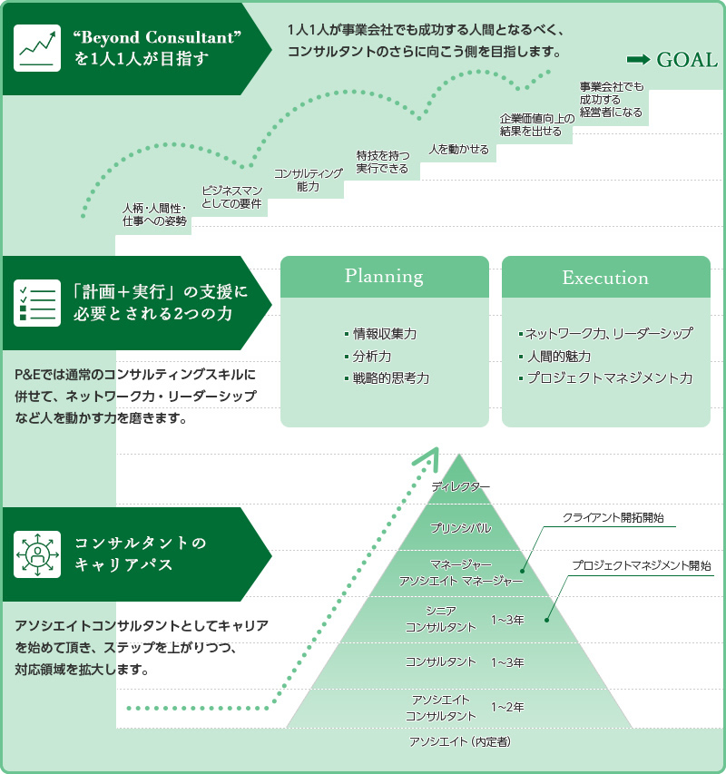 通常「戦略コンサルタント」は、知識とスキルを磨き、プランニングカ(P) を高めステップアップしていきます。